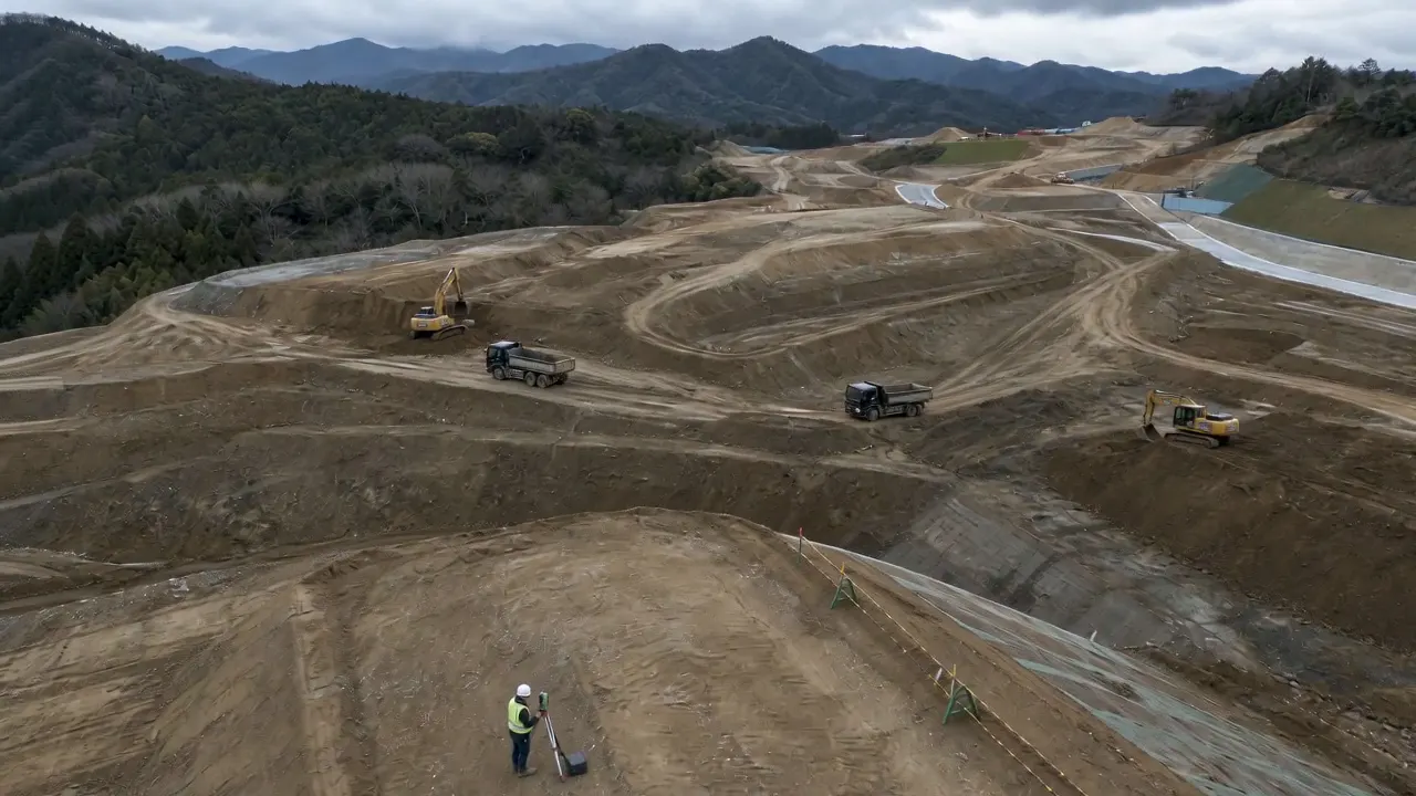 造成現場の上空を飛行する測量用ドローン