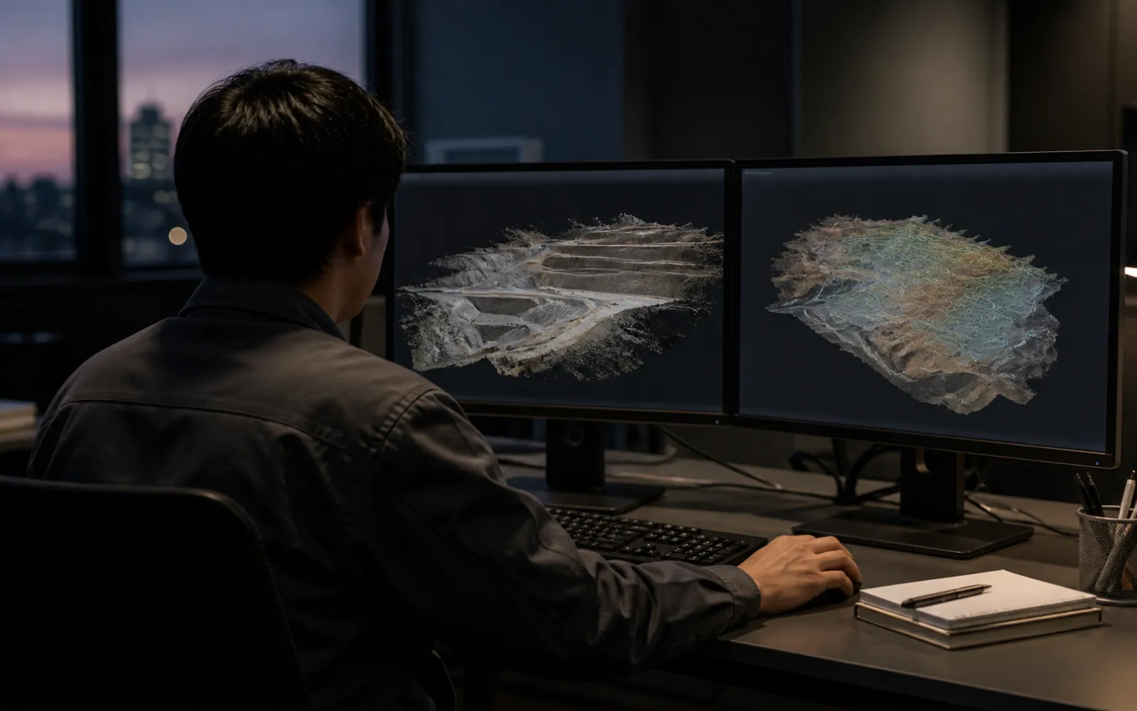 事務所で点群データを解析する様子