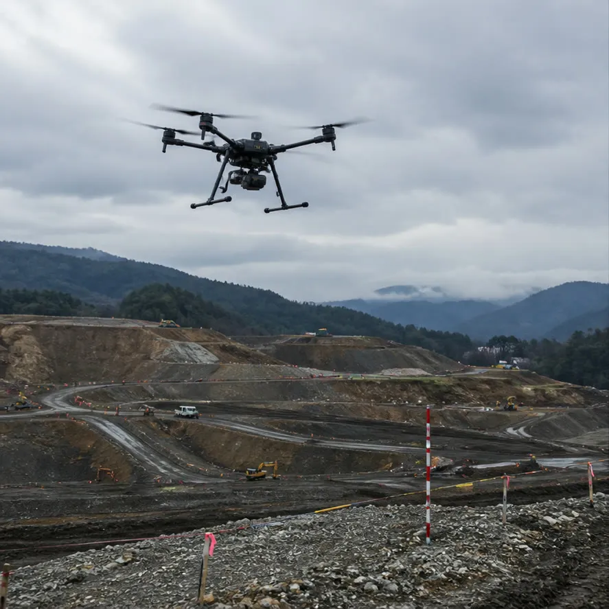 工事現場上空を飛行する測量用ドローン